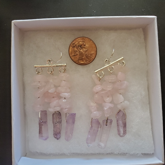 Handmade Amethyst and Rose Quartz Dangly Earrings - Picture 2 of 5